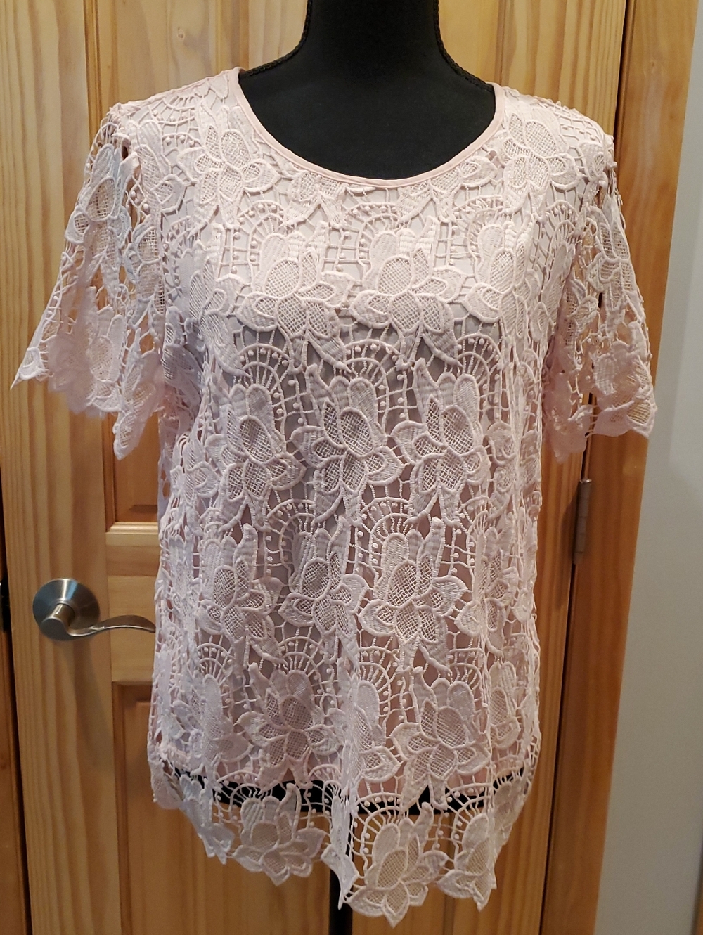 Philosophy, Delicate Lace Floral Short-Sleeve Top - Light Pink, Size M